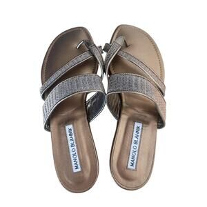 Manolo Blahnik Metallic Bronze Leather Mesh Toe Ring Flat Sandals Size 36